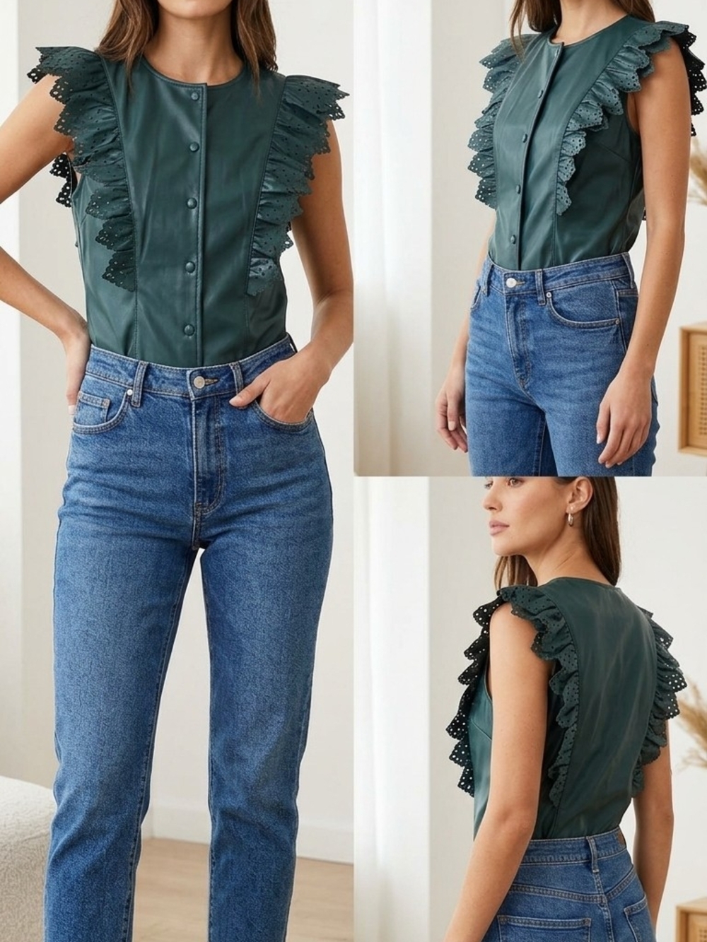 Marc New York Dark Green Ruffled Eyelet Sleeveless Top